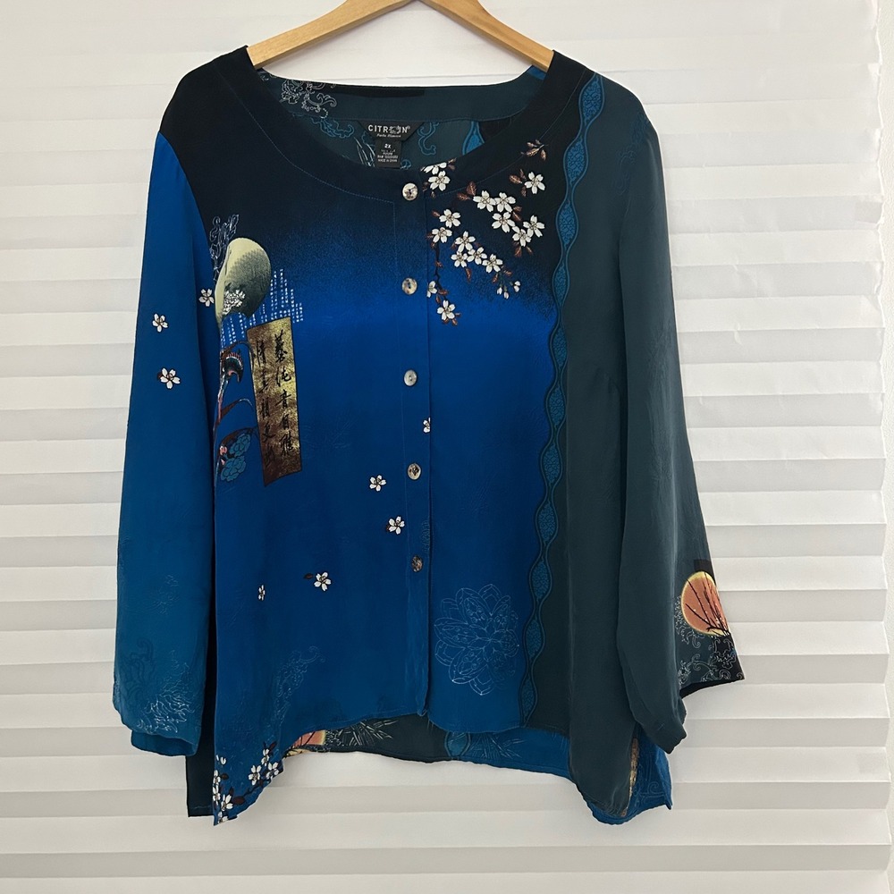 Citron Santa Monica 100% Silk Fukure Japanese Print Blouse Blue Teal 2X